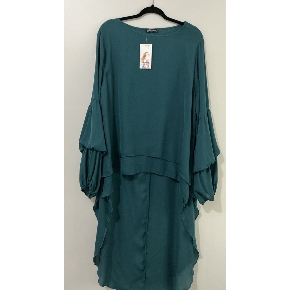 High-Low Ruffle Sleeve Tunic Top - Teal - Picture 2 of 14